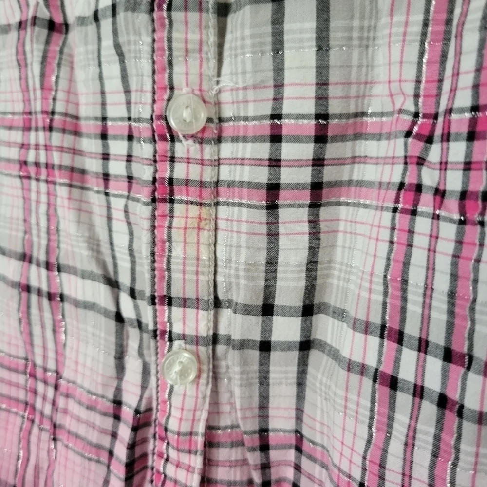 Justice Girls 10 Pink White Black Plaid Short Sleeve Shirt Button Up Top